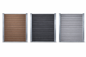 Komposithegn i tre farver – sort, brun og grå – vedligeholdelsesfrit havehegn